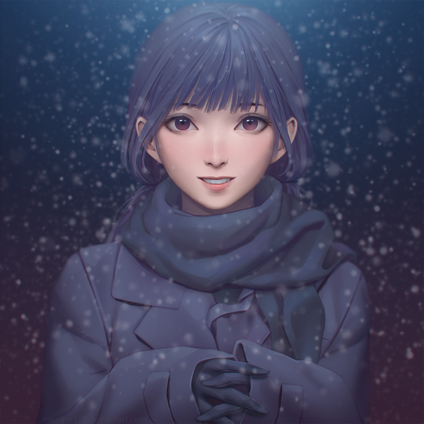 Anime picture 1280x1280 with original miura-n315 single long hair looking at viewer fringe black hair smile purple eyes upper body parted lips realistic snowing dark background girl gloves black gloves scarf coat