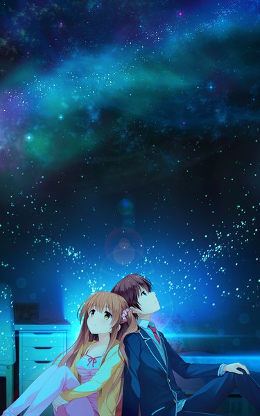 Anime picture 1280x2048 with koi kakeru shin-ai kanojo us:track (studio) himeno sena kunimi koutarou kimishima ao tall image fringe blue eyes hair between eyes brown hair sitting brown eyes payot game cg bent knee (knees) night one side up lens flare looking up back to back