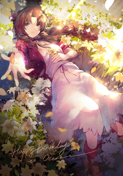 Anime picture 1500x2130 with final fantasy final fantasy vii final fantasy vii remake square enix aerith gainsborough kita (kitairoha) single long hair tall image looking at viewer brown hair sunlight outstretched hand happy birthday girl dress flower (flowers) petals lily (flower)