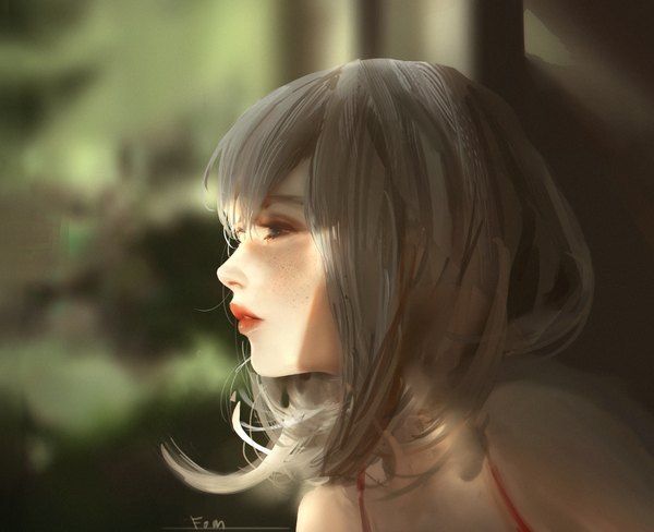 Anime picture 1900x1547 with original fom (lifotai) single fringe highres short hair hair between eyes signed looking away parted lips profile lips grey hair blurry realistic depth of field eyeshadow freckles girl