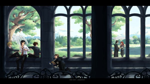Anime picture 1920x1080 with harry potter severus snape lily evans sirius black james potter remus lupin peter pettigrew long hair highres short hair open mouth blue eyes black hair blonde hair smile brown hair wide image black eyes orange hair inscription