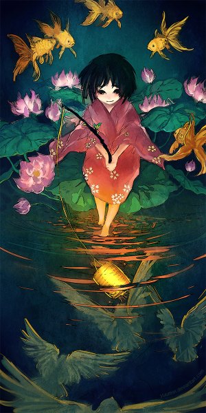 Anime picture 600x1200 with original yuumei tall image blush short hair black hair smile sitting traditional clothes japanese clothes black eyes fantasy fishing flower (flowers) animal water bird (birds) leaf (leaves) fish (fishes) lantern