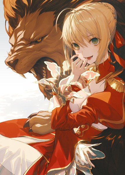 Anime picture 651x910 with fate (series) fate/extra nero claudius (fate) (all) nero claudius (fate) wanke single tall image looking at viewer blush fringe short hair breasts open mouth simple background blonde hair hair between eyes green eyes payot cleavage ahoge