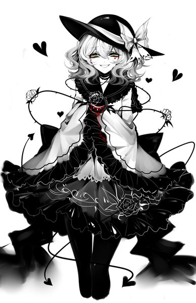 Anime picture 2200x3400 with touhou komeiji koishi sheya single tall image looking at viewer fringe highres short hair smile hair between eyes white background green eyes wide sleeves grin symbol-shaped pupils monochrome wavy hair frilly skirt heart-shaped pupils