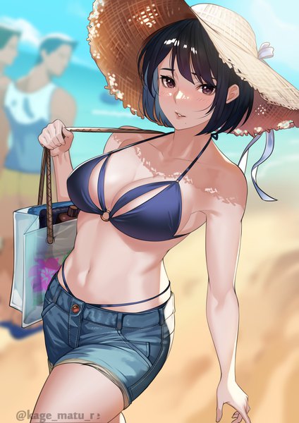 Anime picture 1736x2456 with original kagematsuri tall image looking at viewer blush fringe highres short hair breasts light erotic black hair large breasts brown eyes signed sky outdoors parted lips blurry mole multiple boys