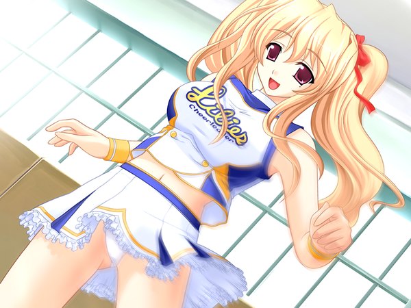 Anime picture 1024x768 with cheerfull! giga shirakaba kozue long hair open mouth light erotic blonde hair red eyes game cg cheerleader girl