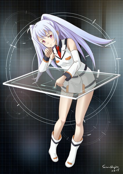 Anime picture 1447x2046 with plastic memories isla (plastic memories) saiun nagisa single long hair tall image red eyes signed silver hair full body arm up leaning looking down 2015 thinking girl uniform detached sleeves knee boots