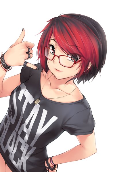 Anime picture 1987x3035 with real life stayblack ashley rosemarry kopianget single tall image looking at viewer fringe highres short hair black hair simple background smile white background ahoge red hair multicolored hair arm up fingernails from above