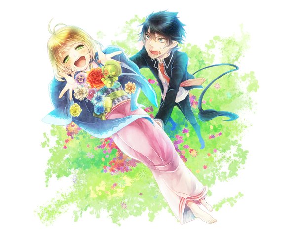 Anime picture 1280x1024 with ao no exorcist a-1 pictures okumura rin moriyama shiemi nii (ao no exorcist) blush short hair open mouth blue eyes black hair simple background blonde hair green eyes tail traditional clothes barefoot pointy ears teeth fang (fangs) demon