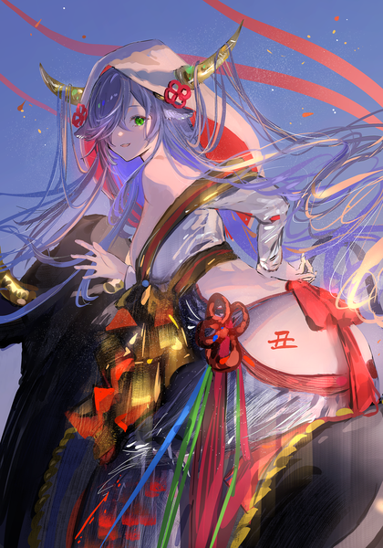Anime picture 2494x3563 with original nanaponi single tall image looking at viewer fringe highres breasts open mouth light erotic smile green eyes animal ears blue hair ass tail very long hair traditional clothes :d animal tail