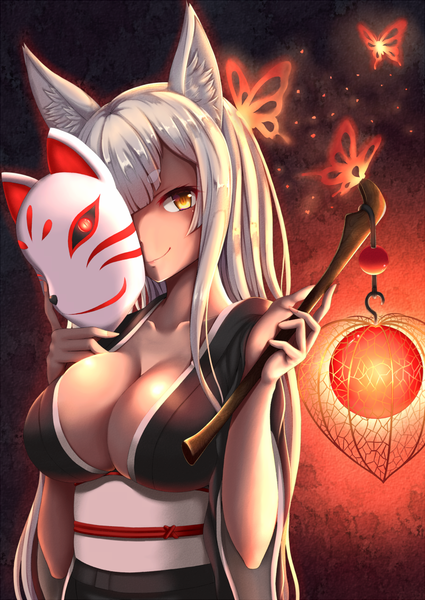 Anime picture 800x1129 with original zukky single long hair tall image looking at viewer fringe breasts light erotic smile large breasts standing holding animal ears yellow eyes cleavage silver hair upper body traditional clothes japanese clothes