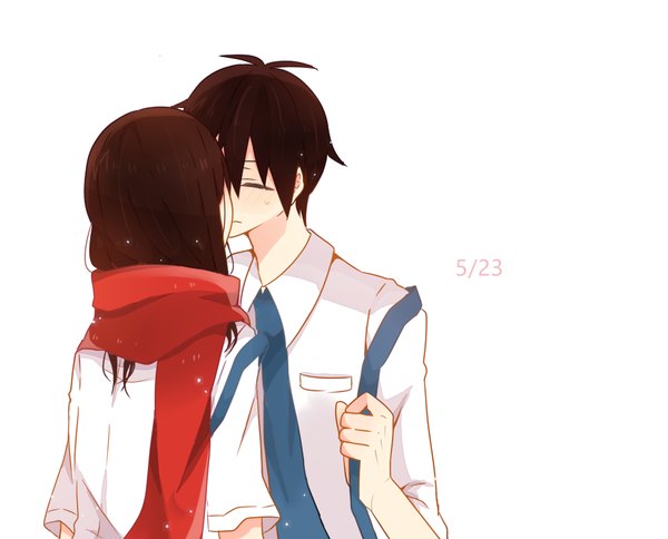 Anime picture 903x729 with kagerou project shaft (studio) tateyama ayano kisaragi shintarou kiichigo (k-15) long hair blush fringe short hair simple background hair between eyes brown hair white background ahoge upper body eyes closed embarrassed couple kiss girl