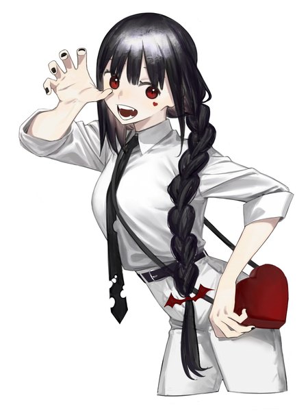Anime-Bild 1536x2048 mit original xxxsoiu1 single long hair tall image looking at viewer fringe open mouth black hair simple background red eyes standing white background payot braid (braids) nail polish arm up fingernails fang (fangs) leaning