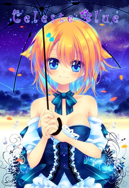 Anime picture 751x1095 with original konno kengo single long hair tall image blush blue eyes blonde hair smile bare shoulders cloud (clouds) inscription night night sky girl dress hair ornament petals hairclip star (stars)