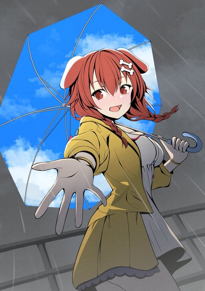 Anime picture 1300x1839 with virtual youtuber hololive inugami korone forza ferrari single long hair tall image looking at viewer fringe breasts open mouth smile hair between eyes brown hair brown eyes braid (braids) twin braids rain outstretched hand double exposure