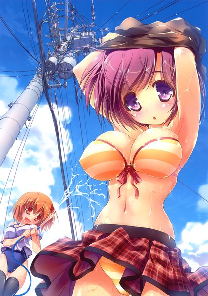Anime picture 3248x4602 with original ohno tetsuya tall image looking at viewer blush highres breasts light erotic red eyes large breasts purple eyes multiple girls absurdres purple hair cloud (clouds) orange hair girl thighhighs skirt navel