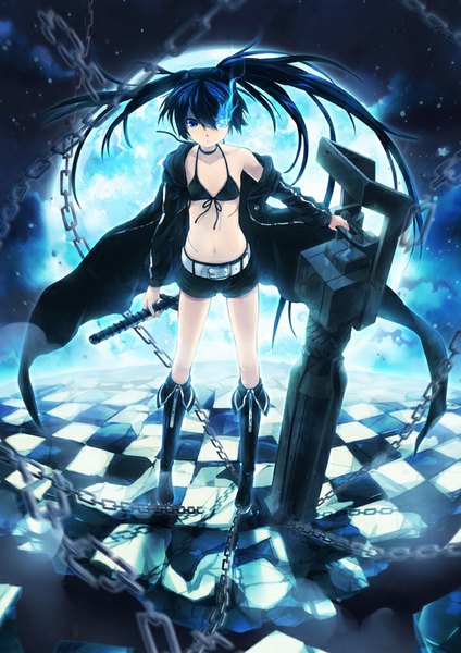 Anime picture 600x848 with black rock shooter black rock shooter (character) 6u (eternal land) single long hair tall image looking at viewer blue eyes twintails holding blue hair glowing scar glowing eye (eyes) checkered floor floor serious girl navel weapon