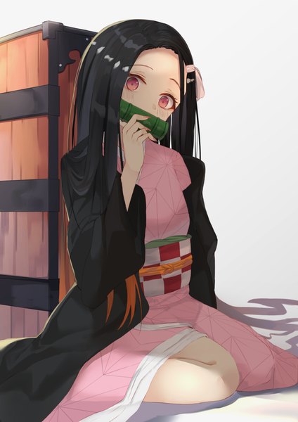 Anime picture 1433x2026 with kimetsu no yaiba ufotable kamado nezuko hikashou single tall image looking at viewer blush black hair simple background white background sitting holding full body bent knee (knees) very long hair traditional clothes head tilt japanese clothes pink eyes