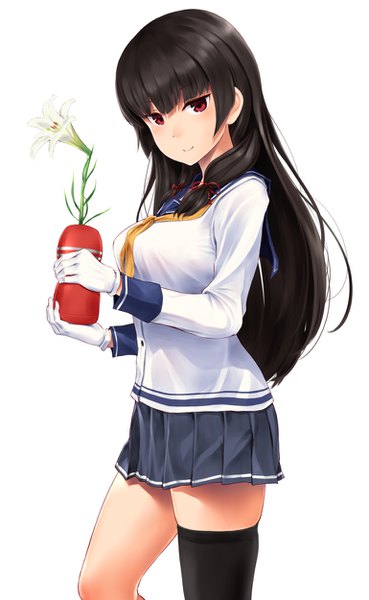 Anime picture 770x1250 with kantai collection tenga isokaze destroyer wa (genryusui) single long hair tall image looking at viewer fringe black hair simple background red eyes standing white background long sleeves pleated skirt light smile two side up tress ribbon asymmetrical legwear