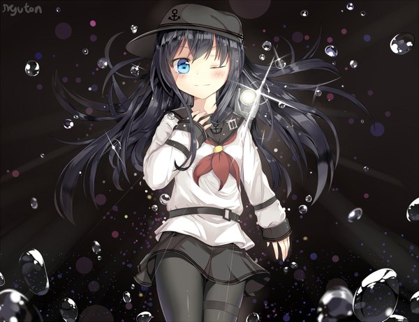 Anime picture 1600x1233 with kantai collection akatsuki destroyer myuton single long hair looking at viewer blush fringe blue eyes black hair smile signed pleated skirt one eye closed wink sunlight hand on chest sunbeam girl skirt