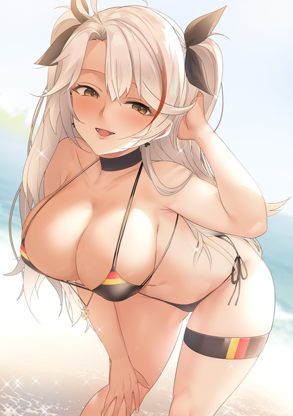 Anime picture 2000x2827 with azur lane prinz eugen (azur lane) prinz eugen (unfading smile) (azur lane) junp single long hair tall image looking at viewer blush fringe highres breasts open mouth light erotic smile hair between eyes large breasts standing brown eyes payot