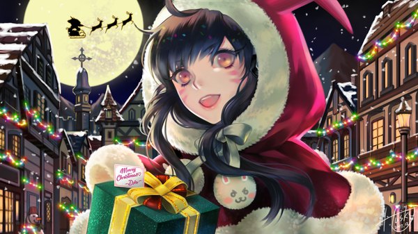 Anime picture 1920x1080 with overwatch blizzard entertainment d.va (overwatch) meka (overwatch) husky (user ckra4535) single long hair looking at viewer highres open mouth black hair wide image purple eyes signed city facial mark dated christmas whisker markings merry christmas