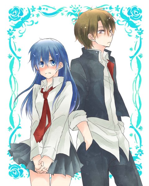 Anime picture 1024x1280 with beelzebub studio pierrot oga tatsumi kunieda aoi long hair tall image blush short hair blue eyes simple background brown hair brown eyes blue hair open collar hands in pockets twisty sleeves girl boy necktie