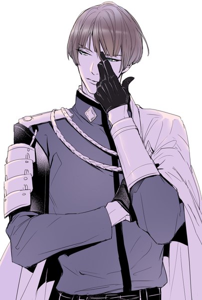 Anime picture 689x1020 with touken ranbu nitroplus ishikirimaru enjin y single tall image fringe short hair simple background brown hair white background green eyes looking away upper body turning head monochrome cosplay hand on face partially colored nikkari aoe (cosplay)