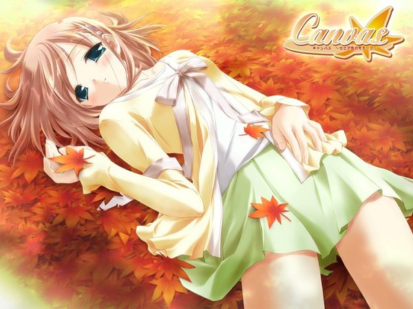 Anime picture 1024x768 with canvas (anime) tachibana amane gayarou single looking at viewer short hair blonde hair green eyes lying inscription on back autumn logo girl skirt leaf (leaves) blouse autumn leaves green skirt