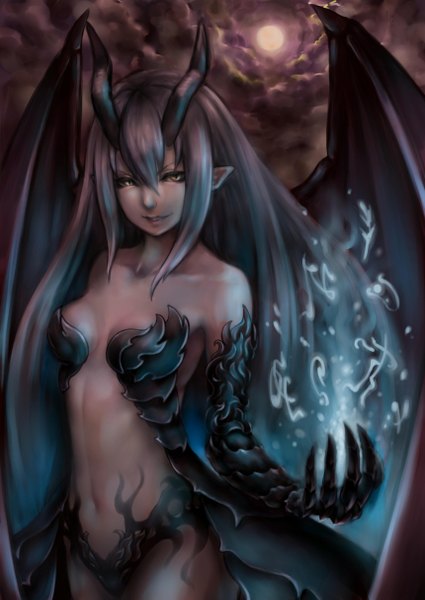 Anime picture 860x1214 with original kyol-2 single long hair tall image looking at viewer blush breasts light erotic smile bare shoulders yellow eyes sky cleavage silver hair cloud (clouds) horn (horns) pointy ears bare belly tattoo