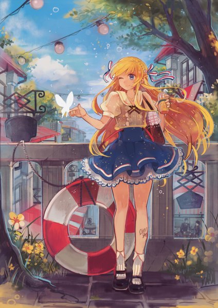 Anime picture 1000x1414 with original orangina shiroroko single long hair tall image blue eyes blonde hair signed full body one eye closed light smile wink girl dress flower (flowers) ribbon (ribbons) plant (plants) hair ribbon tree (trees)