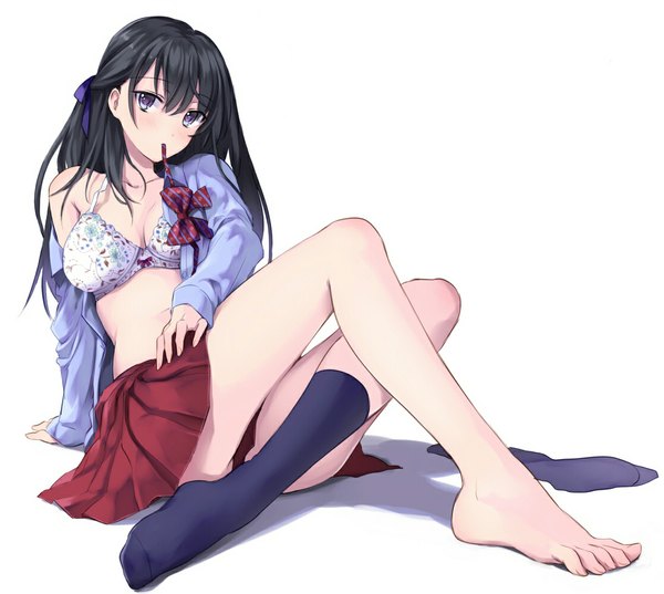 Anime picture 1116x999 with original takeuchi aya single long hair looking at viewer blush light erotic black hair simple background white background purple eyes barefoot open clothes bare legs open shirt legs girl socks bowtie black socks