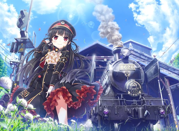 Anime picture 1920x1407 with maitetsu hachiroku (maitetsu) cura long hair looking at viewer blush highres black hair smile red eyes sky cloud (clouds) lens flare steam girl dress gloves uniform flower (flowers) animal
