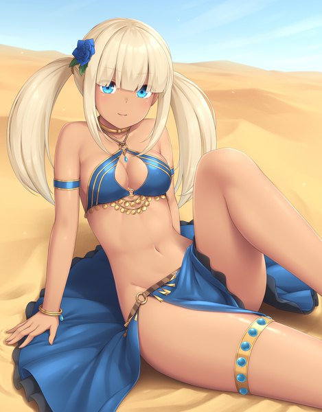 Anime picture 830x1060 with original sasaame single long hair tall image looking at viewer blush fringe breasts blue eyes light erotic smile sitting twintails bare shoulders payot sky cleavage outdoors blunt bangs