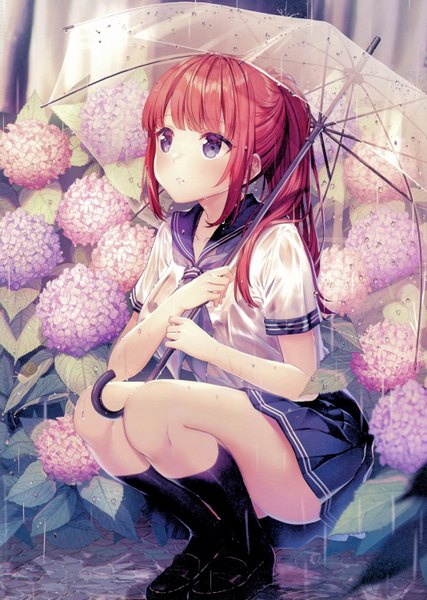 Anime picture 4272x5997 with original rosuuri single long hair tall image blush fringe highres breasts blue eyes light erotic holding payot absurdres full body outdoors ponytail red hair blunt bangs parted lips