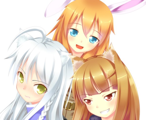 Anime picture 1500x1239 with strike witches spice and wolf dog days horo charlotte e yeager leonmitchelli galette des rois murasaki imo (artist) long hair blue eyes red eyes multiple girls animal ears yellow eyes white hair orange hair crossover girl 3 girls