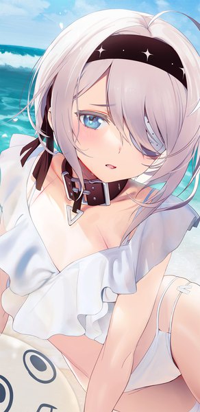 Anime picture 1358x2788 with black survival sissela (black survival) seicoh single tall image looking at viewer blush fringe short hair open mouth blue eyes light erotic sky silver hair cloud (clouds) ahoge outdoors hair over one eye wet scar