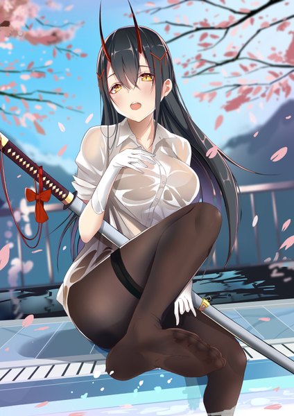 Anime picture 1240x1754 with azur lane suzuya (azur lane) zotari single long hair tall image looking at viewer blush fringe breasts open mouth light erotic black hair hair between eyes large breasts sitting yellow eyes sky outdoors horn (horns)