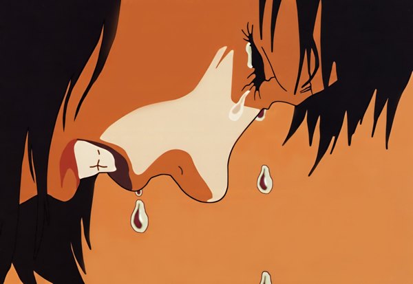 Anime picture 3193x2202 with perfect blue kirigoe mima single highres short hair black hair simple background eyes closed profile lipstick tears close-up crying clenched teeth sad orange background girl