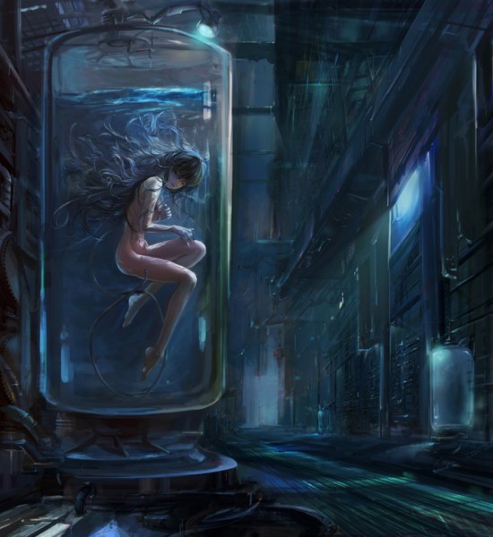 Anime picture 1500x1636 with original ushas single long hair tall image fringe breasts open mouth light erotic black hair looking away nude black eyes legs light girl water