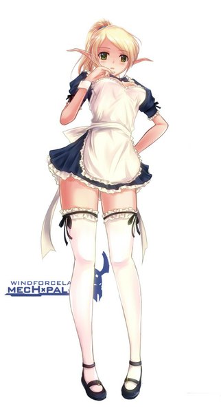 Anime picture 471x876 with world of warcraft blizzard entertainment blood elf windforcelan single long hair tall image looking at viewer blush simple background blonde hair white background green eyes ponytail pointy ears maid girl thighhighs uniform white thighhighs