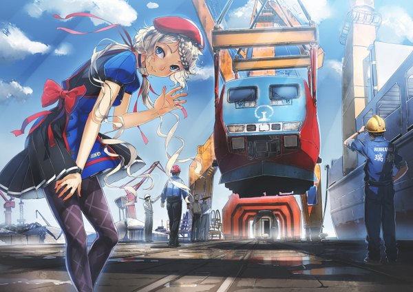 Anime picture 1414x1000 with original siqi (miharuu) looking at viewer blue eyes sky silver hair cloud (clouds) girl dress boy bow beret train