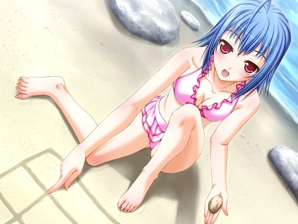 Anime picture 1200x900 with pia carrot pia carrot 4 kitagawa sora open mouth light erotic red eyes blue hair game cg beach girl swimsuit