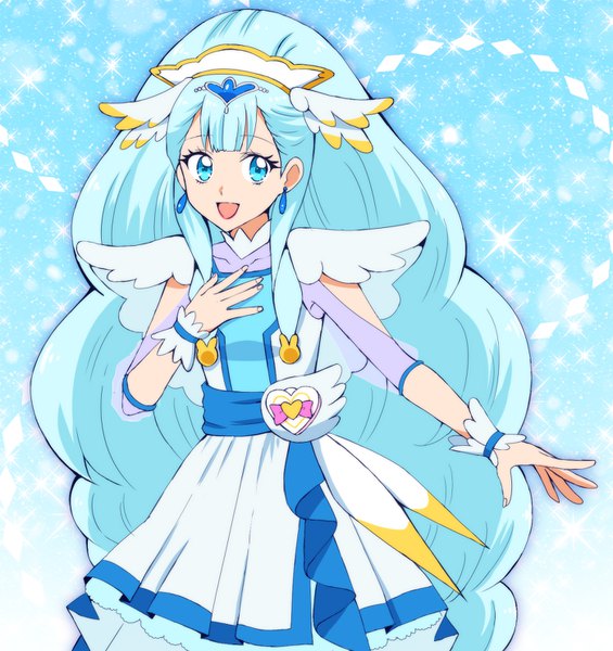 Anime-Bild 1398x1486 mit precure hugtto! precure toei animation yakushiji saaya cure ange k0roni single tall image looking at viewer fringe open mouth blue eyes blue hair very long hair sparkle outstretched arm hand on chest magical girl girl dress