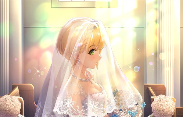 Anime picture 1280x824 with idolmaster idolmaster cinderella girls miyamoto frederica annindoufu (oicon) single looking at viewer blush fringe short hair breasts blonde hair smile bare shoulders holding green eyes cleavage upper body indoors braid (braids) profile