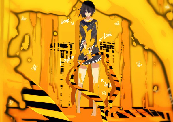 Anime picture 4092x2893 with original tarbo (exxxpiation) single looking at viewer highres short hair black hair smile standing brown eyes absurdres bare legs no shoes girl dress black dress caution tape honey