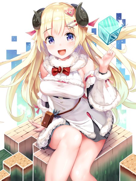 Anime-Bild 1500x2000 mit minecraft virtual youtuber hololive tsunomaki watame tsunomaki watame (1st costume) mogmog single long hair tall image looking at viewer open mouth blonde hair sitting purple eyes :d horn (horns) arm support fur trim girl detached sleeves