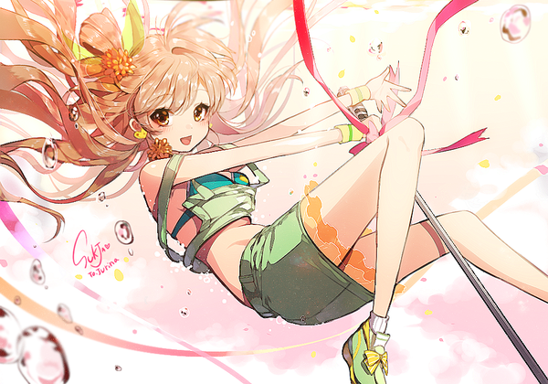 Anime picture 1000x700 with love live! school idol project sunrise (studio) love live! minami kotori sorolp single long hair blush fringe open mouth bare shoulders signed yellow eyes bent knee (knees) hair flower bare belly outstretched arm happy girl skirt