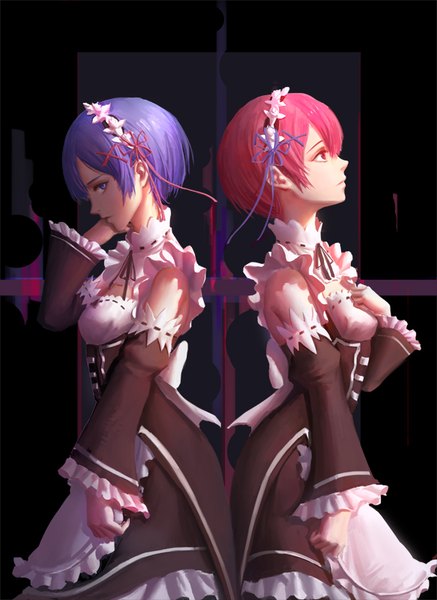 Anime picture 583x800 with re:zero kara hajimeru isekai seikatsu white fox rem (re:zero) ram (re:zero) light- tall image looking at viewer fringe short hair open mouth blue eyes red eyes standing multiple girls blue hair pink hair profile wide sleeves shadow maid