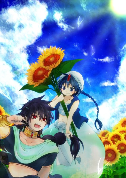 Anime picture 1060x1500 with magi the labyrinth of magic a-1 pictures judal aladdin (magi) monarin long hair tall image open mouth blue eyes black hair red eyes blue hair sky cloud (clouds) multiple boys single braid boy bracelet 2 boys necklace
